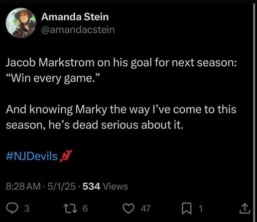 [Stein] Jacob Markstrom on his goal for next season: “Win every game.” And knowing Marky the way I’ve come to this season, he’s dead serious about it.
