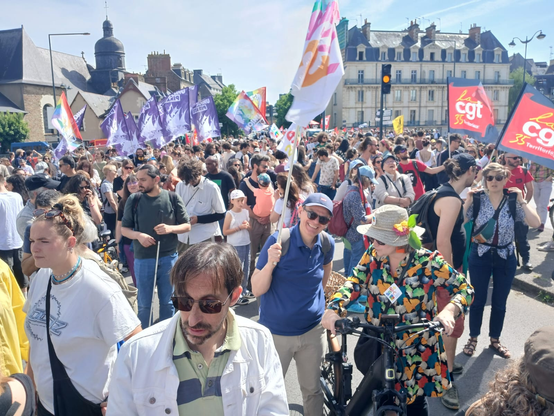 Manifestant·es à Rennes. Drapeaux SNES-FSU, CGT, Union pirate...