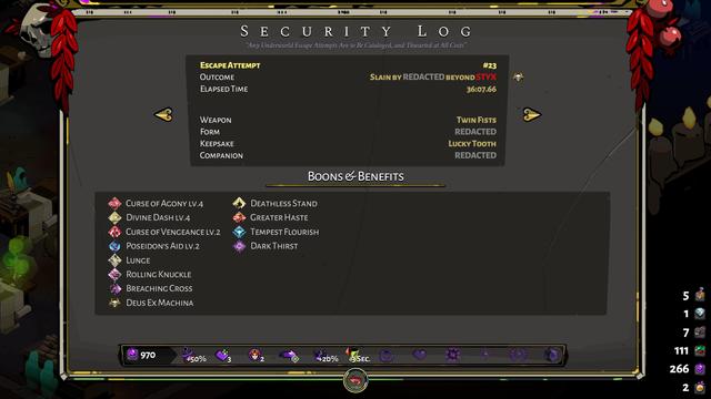 Screenshot of the Security Log (Any Underworld Escape Attempts Are to Be Cataloged, and Thwarted at All Costs), entry #23. It shows that Zagreus was slain by Redacted beyond Styx, the runtime of the escape attempt was 36 minutes, 6.77 seconds, Zagreus was equipped with the Twin Fists and the keepsake Lucky Tooth. The log also shows several boons and benefits that were collected during the escape attempt, as well as the permanent bonuses unlocked at the time.