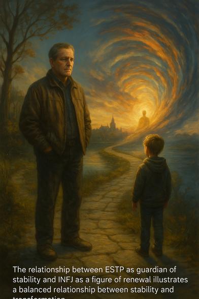 Das Bild zeigt eine symbolische Szene bei Sonnenuntergang: Ein älterer Mann – robust, ernst und geerdet – steht auf einem verwitterten Pfad am Rande eines ruhigen Gewässers. Er verkörpert den ESTP, den Bewahrer des Bestehenden. Neben ihm steht ein Kind, das nach vorn blickt, wo der Pfad in eine lichtdurchflutete Wirbelstruktur führt – darin eine schemenhafte Figur, Sinnbild für das Zukunftsbild des INFJ, des stillen Erneuerers. Im Hintergrund liegt eine ferne Stadt, halb im Licht, halb im Schatten, die zwischen Stabilität und Transformation schwebt. Die Komposition kontrastiert die Schwere des Alten mit der Leichtigkeit des Neuen – und stellt die Beziehung zwischen Bewahrung und Wandel visuell dar.🖖