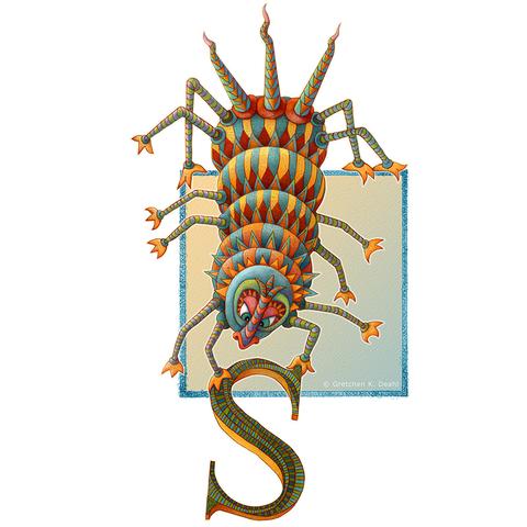 Balancing on a teal string, a rainbow colored, itsy-bitsy creature with twelve tiny legs and a substantial nose, hangs in anticipation of being discovered.