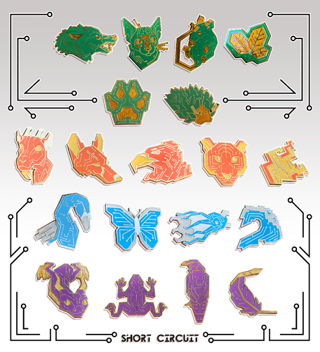 Image of all 19 Short Circuit enamel pins together in one image, a series of designs that resemble Printed Circuit Boards (PCB). From left to right, top to bottom: in Green: Byte (wolf), Circat (cat), Nibble (mouse), Leaf (leaves), Pause (paw), Branch (nudibranch). In orange: Hex (goat), Mozzy (fox), Cloud (eagle), RAID (tiger), Firewall (flame). In blue: Torrent (swan), Zip (butterfly), Array (vampire squid), DDoS (wave). In purple: Python (dragon), Jump (frog), Malware (raven), Incubate (feather).