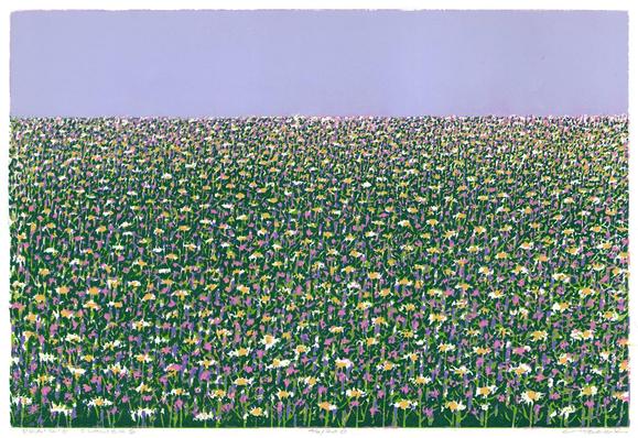 A colorful woodcut, flowers stretch from foreground to the blue sky, which occupies the top quarter of the frame. Purples, greens, yellow and white become dense as the view recedes to blue sky.