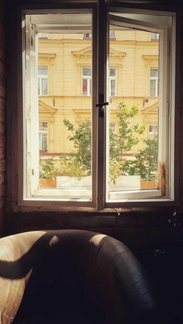 A comfy chair in front of an old window. Plants on the windowsill, an old yellow facade in the back. Sunny afternoon mood