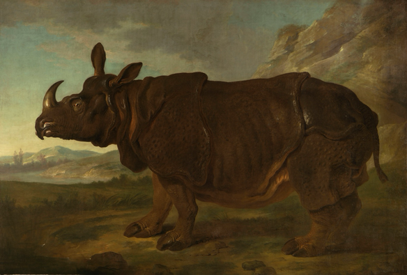 life-size portrait of Clara the Rhinoceros standing in side profile in an outdoor landscape (an Indian Rhinoceros who was imported to Europe and became a celebrity when she was exhibited across the continent)