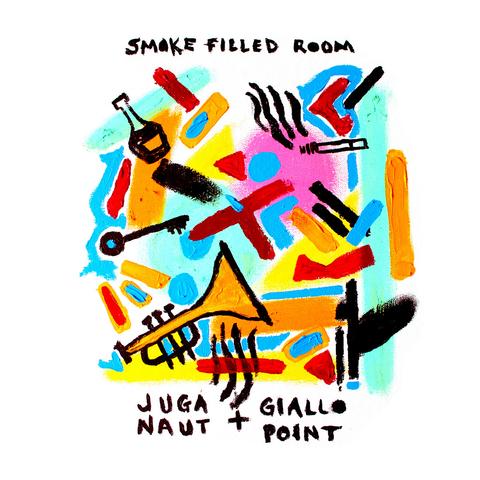 A vibrant, abstract painting-style album cover filled with bright splashes of red, yellow, blue, pink, and orange. Scattered images like a trumpet, key, wine bottle, cigarette, smoke, and abstract figures give a jazzy, smoky lounge atmosphere. The title “Smoke Filled Room” appears at the top in a hand-written style, with “Juga-Naut + Giallo Point” written at the bottom.