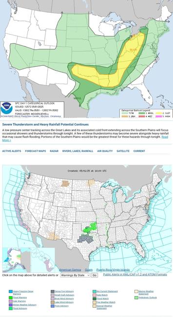 Severe Thunderstorm and Heavy Rainfall Potential Continues
A low pressure center tracking across the Great Lakes and its associated cold front extending across the Southern Plains will focus occasional showers and thunderstorms through tonight. A few of these thunderstorms may become severe alongside heavy rainfall that may cause flash flooding; Portions of the Southern Plains would be the greatest threat for these hazards through tonight.