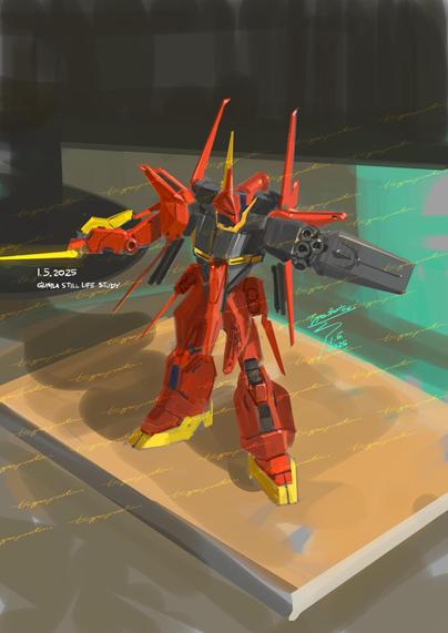 Digital still life art study of a toy plastic mecha model.