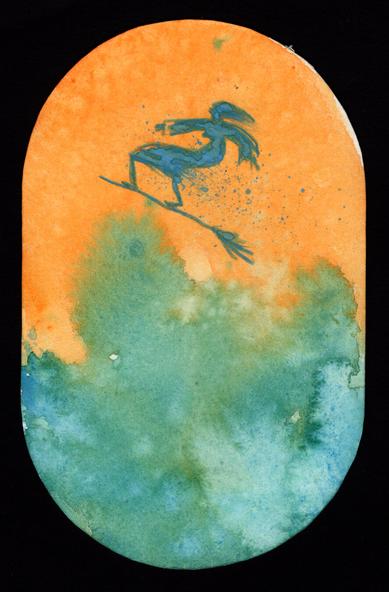little female figure stands on flying broomstick, watercolors orange & blue
