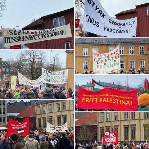 A selection of banners from the march, calling foe Russia to get out of Ukraine, strengthening dwmocracy and crushing fascism, environmentally friendly sea transport, a free Palestine, and for the Norwegian Petroleum Fund to get some standards and get the hell out of Israel.