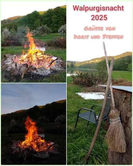 Walpurgisnacht 2025 Grüsse von Doris und Steffen.
3 Bilder mit einer Walpurgisfeuer Stelle und einen Hexenbesen