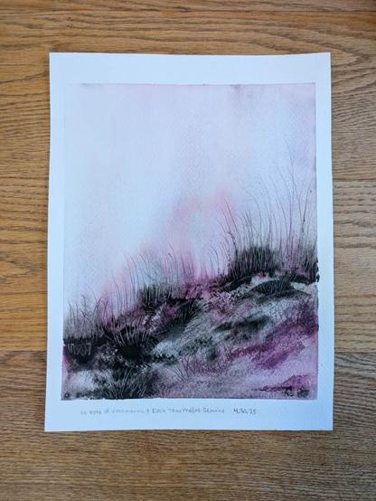 This is a watercolor atmospheric landscape painting. In this composition, the rocky land mass is slanted lowest on the left and going a little higher going right. The colors used are Rose of Ultramarine and Black Tourmaline Genuine.  The darkest value is a long the horizon line and smears into the rough terrain combining with both medium and light values to create depth and dimension.  The left of the foreground leans more black and the right is more reddish purple (the mass tone of Rose of Ultramarine). As the pigments are pulled up into the atmosphere the granulating nature of the Rose of Ultramarine really shines as it splits into pink and blue as it's diluted. Granulating bits of Black Tourmaline Genuine can be seen hovering in the atmosphere is well. The lightest values are in the atmosphere. Grasses reach up from the horizon line.