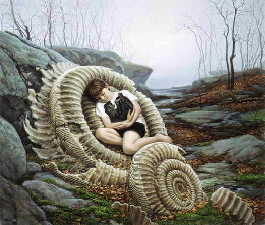 A pair of ammonite fossils rests against a natural levee of cracked stone in the immediate foreground left. There a boy cradles a gray tabby cat in his arms as he lays back against the larger ammonite with his eyes closed. His lowered leg rests on the curve of the second fossil. Notably in the autumnal setting, he wears only black shorts and a white t-shirt. Echoes of other ammonite fossils can be seen in stone above and behind. A trail of russet leaves over damp rock leads into the graying distance as thin trees stand skeletal against hazy skies.