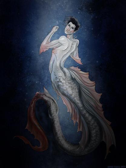 A mer version of a pale man with a long eel-like tail, black eyes, and black hair. His fins and gills are pink, and he's floating in a ray of light.