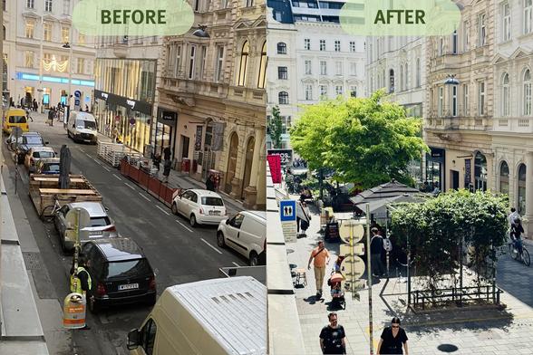 before and after photo of Zollergasse in 7th district of Vienna: left: a street of dark asphalt and lots of parked cars, no green and no plants. right: bright stones, outside seating under large trees in the middle of the street. lots of pedestrians