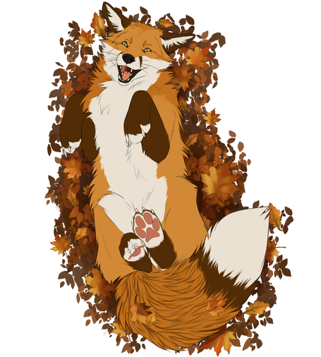 Furry art of me as a feral red fox lying on my back frolicking in a pile of leaves