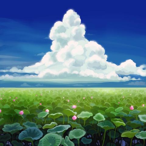 The first digital picture I made for maysketchaday in 2018: a big white cloud in a blue sky over a water lilies pond