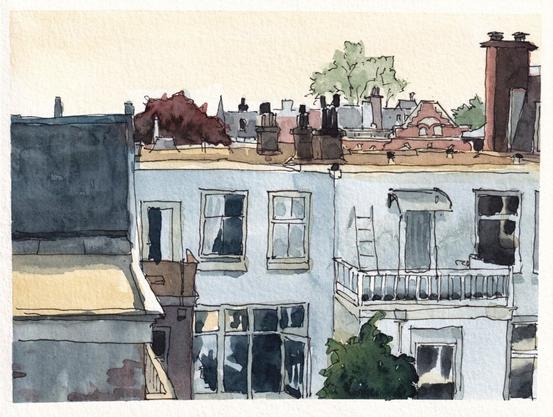 A line art and watercolor sketch of some houses in The Hague. High angle from a balcony. Mild sun over the roof tops, while the gardens lie in cool shadow.