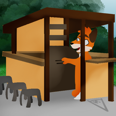 An anthropomorphic folf grilling delicious food in a grill shelter, looking off to their left at the company off-screen.