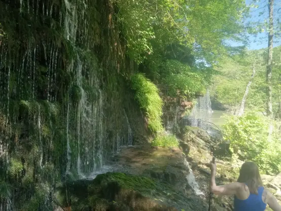 Photo of multiple layers of cascading
 Small waterfalls running down a very mossy rock face.  Trees and a green river in the background.  The back of a hiking companion using a walking stick to climb in the bottom right corner.