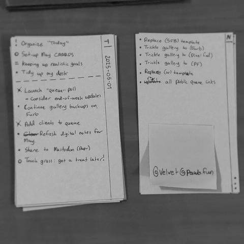 A black and white photo of two vertical "cards" which display a customized to-do list. Inspired by GTD, Bullet Journal, and Strikethru.

The card on the left displays May 1st tasks and intentions.

The cars on the right displays "Next" tasks or a "future log" of things to take care of, but without any set priority dates. There is a sticky note on the bottom showing off the author's tag on Mastodon.

Papr designed and made by, SelfDugGrave
~ Papr is designed to be openly used, remixed, and redistributed by anyone! ~