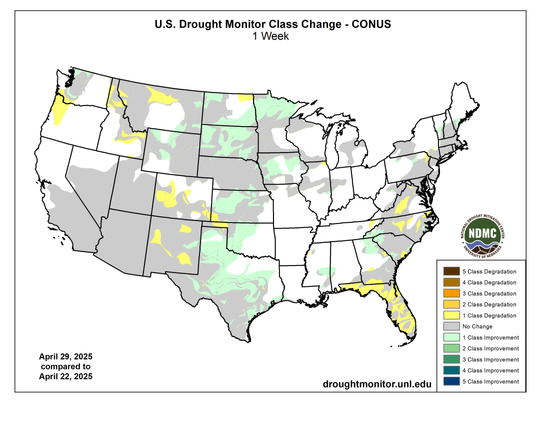 The one week change map shows how drought conditions changed across the country since last week.