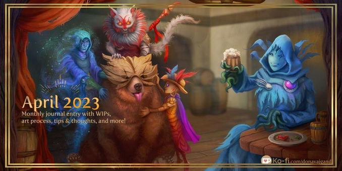 April blog header, featuring art of the four Gloomhaven party members hanging out in a tavern