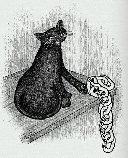 A digital pen and ink drawing of a black cat sitting on a table turning towards the viewer. The cat is knocking a pile of chains with the words “the wage system“ off the table.