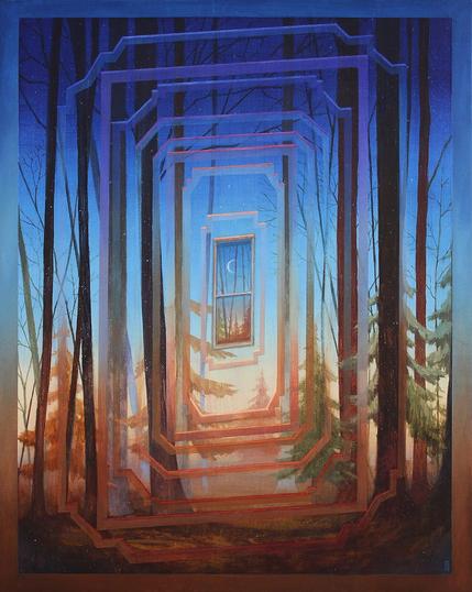 a painting of woods at dusk or twilight with a metaphysical arched reflection and lightforms around a window