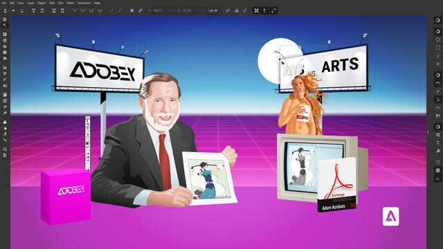 Portrait illustration of Chuck Geschke presenting Adobe Illustrator with graphic (almost explicit) examples. Created in SVG with Inkscape, not old proprietary software.