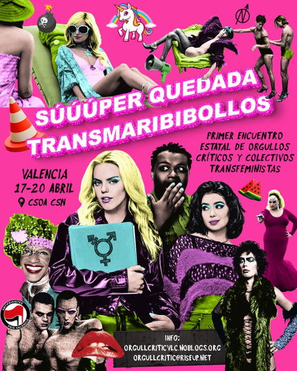 cartel de la Súper Quedada Transmaribibollos que tuvo lugar del 17 al 20 de abril 2025 en Valencia, incluyendo imágenes de Divine en Pink Flamingos, Tim Curry en Rocky Horror Picture Show, Chicas Malas, Marsha P Johnson y más