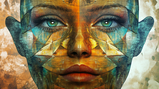 Visage Fractal.
Portrait abstrait et symétrique d’un visage féminin mêlant textures géométriques et reflets colorés sur fond brut.
Abstract and symmetrical portrait of a female face blending geometric textures and colorful reflections on a raw background.