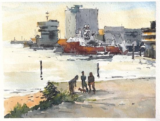 A pen and watercolor sketch of the harbor of Scheveningen, Holland. Last hour of sun. Ships, buildings, and a lot of bright water. People with a dog chilling at the foot of a boat ramp.