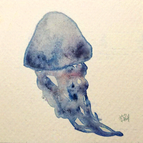 Watercolor sea jelly is blue-purple-pink & having a fun day.