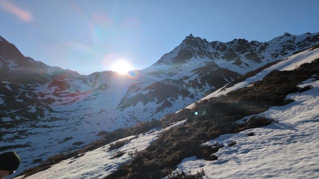 The sun rises over a mountain ridge at our first break. The Alpenrosen are already uncovered.
