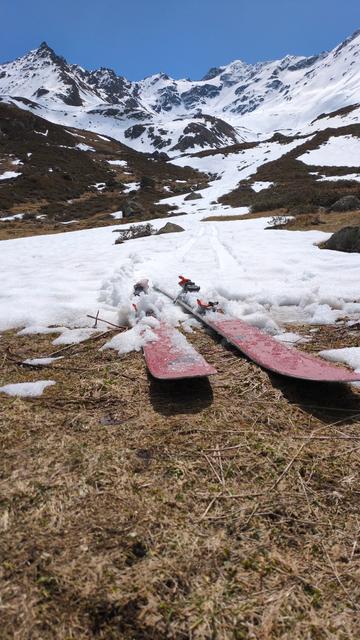 My pair of skis at the border of the snow coverage after skiing down. In the background the high snow covered mountains we were less than an hour ago.