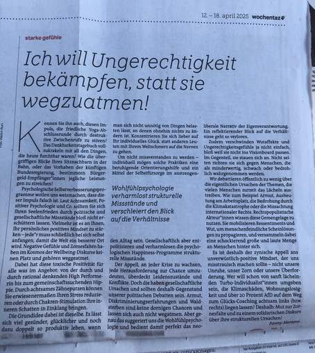 Foto des Artikels aus der wochentaz vom 12.-18. april 2025, Schwarze Buchstaben auf weißem Papier; der Titel des Artikels lautet: Ich will Ungerechtigkeit bekämpfen, statt sie wegzuatmen!