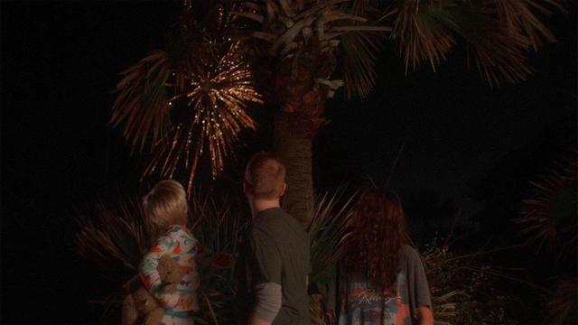 A frame grab from Alexandra Simpson's film NO SLEEP TILL with three people at night looking backwards to see fireworks in the sky.