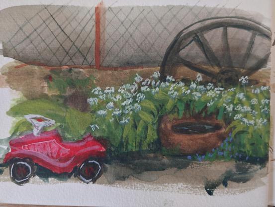 Bärlauch der einen Stein mit Wasser umgibt und ein Wagenrad im Hintergrund
Im Vordergrund ein Bobby Car 
Gemalt in Gouache