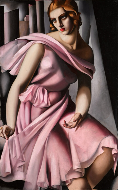 A dramatic painting of a woman wearing a pink dress