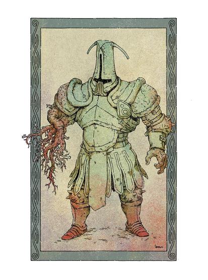 Illustration of a sinister grim dark knight with a full armor and one arm made of roots.