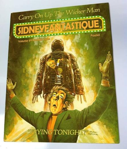 Front cover of Sidneyfantastique magazine about Carry On Up The Wicker Man, a spoof of the famous Cinefantastique issue with Christopher Lee as Lord Summerisle replaced with Kenneth Williams and Sid James and Barbara Windsor in the burning Wicker Man