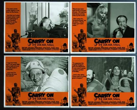 Four lobby cards for Carry On Up The Wicker Man. 
Clockwise from top left: Sid James lying on a bed with the Hand of Glory next to him; Sid James sat at a table grinning with a cigar while Barbara Windsor looks on shocked; Kenneth Williams in drag as Lord Summerisle as the High Priest leading the procession of villagers; Charles Hawtrey dressed as Punch.