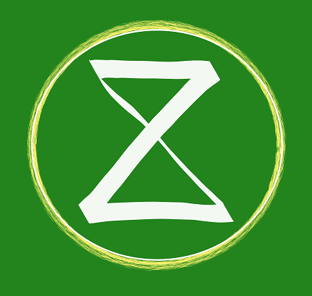 An image of the Bridging Hynni of Synthesis symbol, which looks like an hourglass made of two triangles that meet at their points. The symbol is in white, surrounded by a golden circle, on a green background.