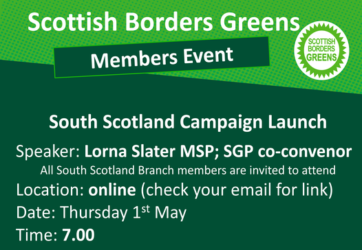 Event promo card in green and white for South Scotland campaign online launch  - Scottish Green Party members event.