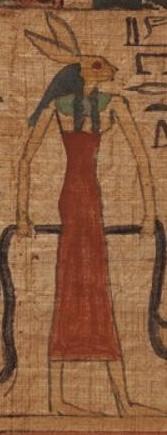 A section of ancient Egyptian papyrus art showing a tall female figure in a reddish dress-like garment and a teal colored circular necklace-like garment or adornment around the neck and collarbone areas. She has long dark hair and her head is that of a hare or rabbit, seen from the side. She appears to be holding a long brown snake’s body below her waist, pulled taut into a line behind her and hanging down at either side.