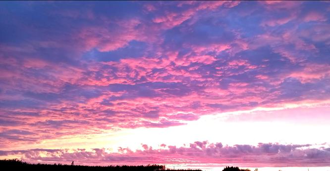photo of a sunset with bright pink clouds against a yellow and orange glowing sky