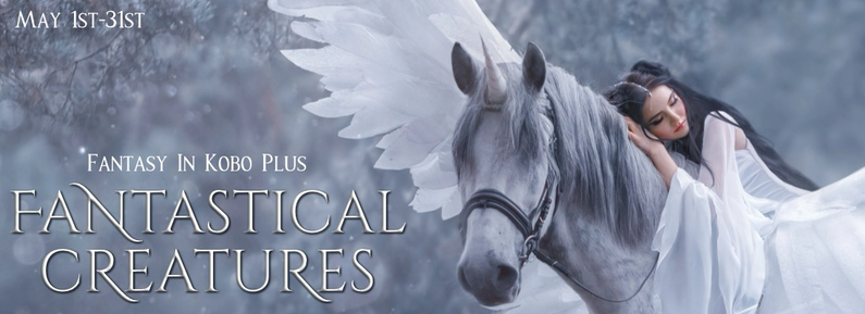 Fantasy in  Kobo Plus Fantastical Creatures: an ethereally dressed woman on winged-unicorn-back, leaning her head against the unicorn’ neck