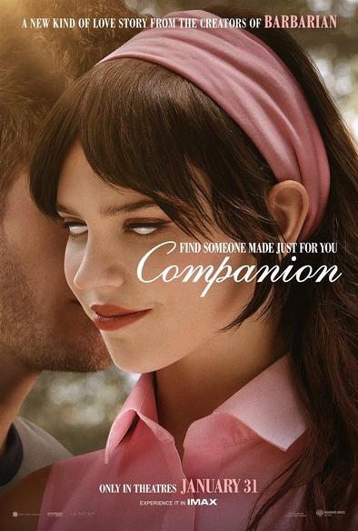 A poster for the film Companion. Sophie Tatcher is smiling creepily. Her eyes are all white. She is wearing a pink shirt with a pink bandanna. A man is standing next to her. We can’t see his face.