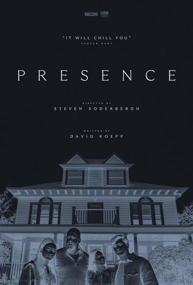 The poster for Presence. An inverted black and white photo of a family standing in front of a large house.